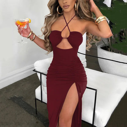 antmvs-Sleeveless Sexy Dress Women Clothing Backless Hollow Out Slim Party Dresses Fashion Casual Summer Bodycon Elegant Split Dress