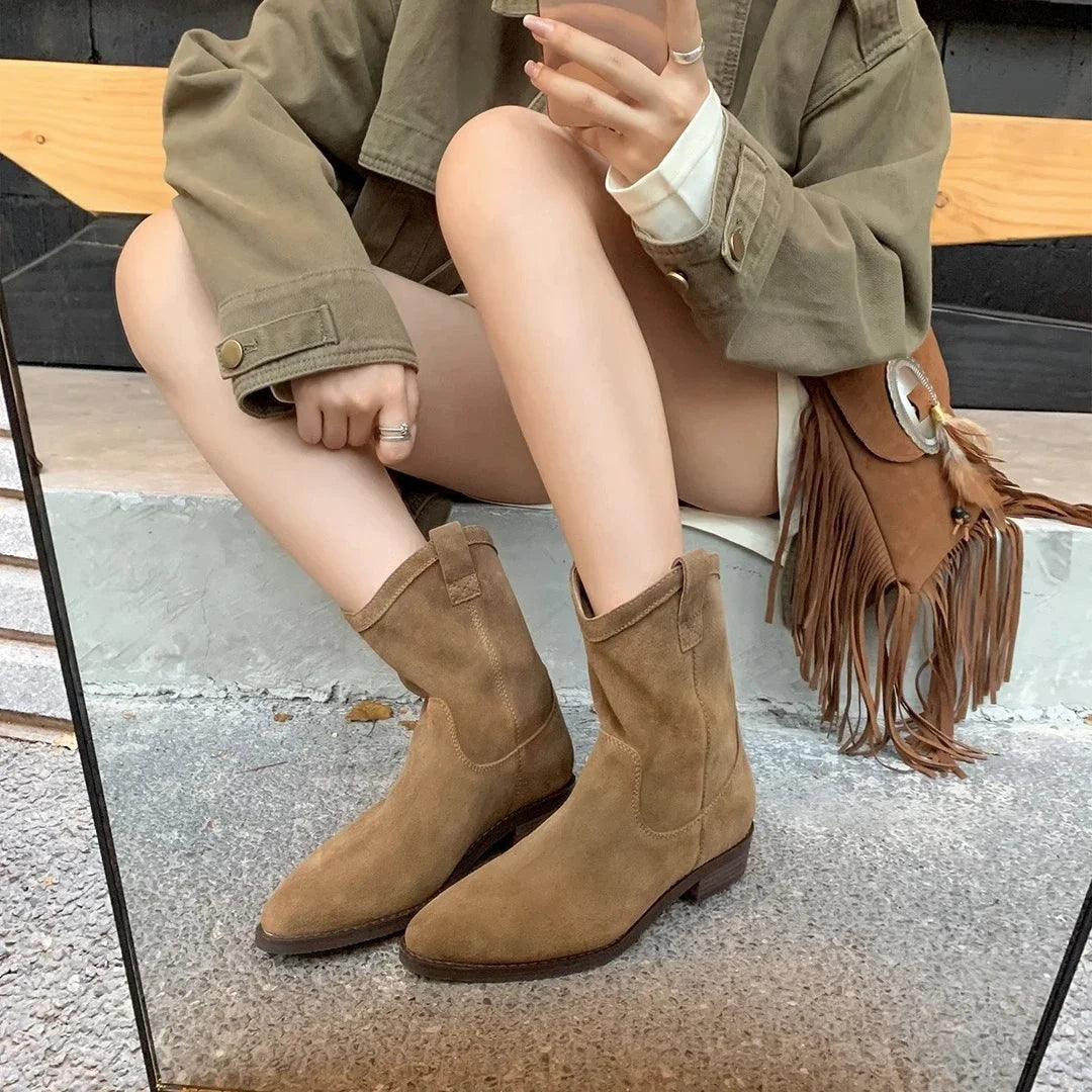 antmvs-Soft Leather Retro Cowboy Boots New Fall Winter  Western Jeans Boots Pointy Toe Comfy Chunky Brown Frosted Boots for Women