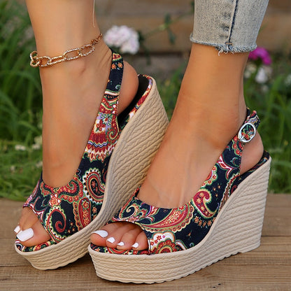 antmvs Style Print Wedge Sandals for Women Peep Toe Chunky Platform Shoes Woman Summer Thick Bottom Gladiator Sandalias Mujer