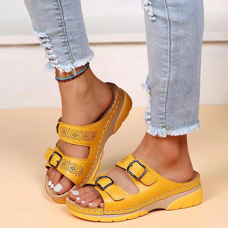 antmvs Fashion Double Buckle Wedge Slippers Women Summer  Brown PU Leather Platform Sandals Woman Casual Non Slip Beach Flip Flops