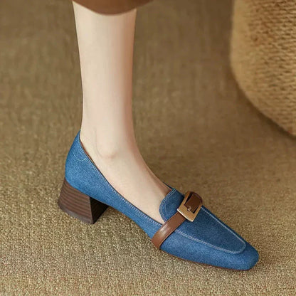 antmvs-Retro Denim Mid-heel Loafers Women Pumps Belt Buckle Square Head Shallow Casual Women Shoes Blue Comfort Chunky Mule Shoes Women