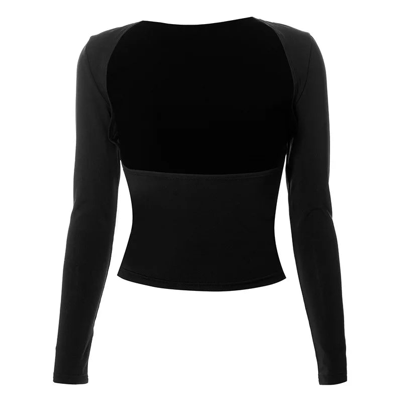 antmvs-Backless Sexy Black T-shirts Women Autumn Long Sleeves Crop Top Casual Streetwear Bodycon Fashion Solid Basic T-shirts Female