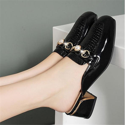 antmvs Women Baotou Half Slippers Fashion Metal Chain Square Toe Thick Heel British Style Office Casual Shoes Spring Summer