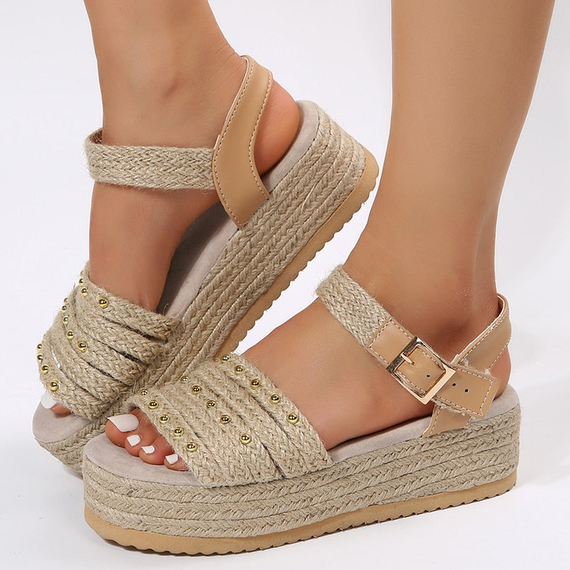 antmvs Women's Chunky Platform Sandals Thick Bottom Rivet Espadrilles Women Shoes  Summer Weaving Gladiator Sandals Woman Plus Size