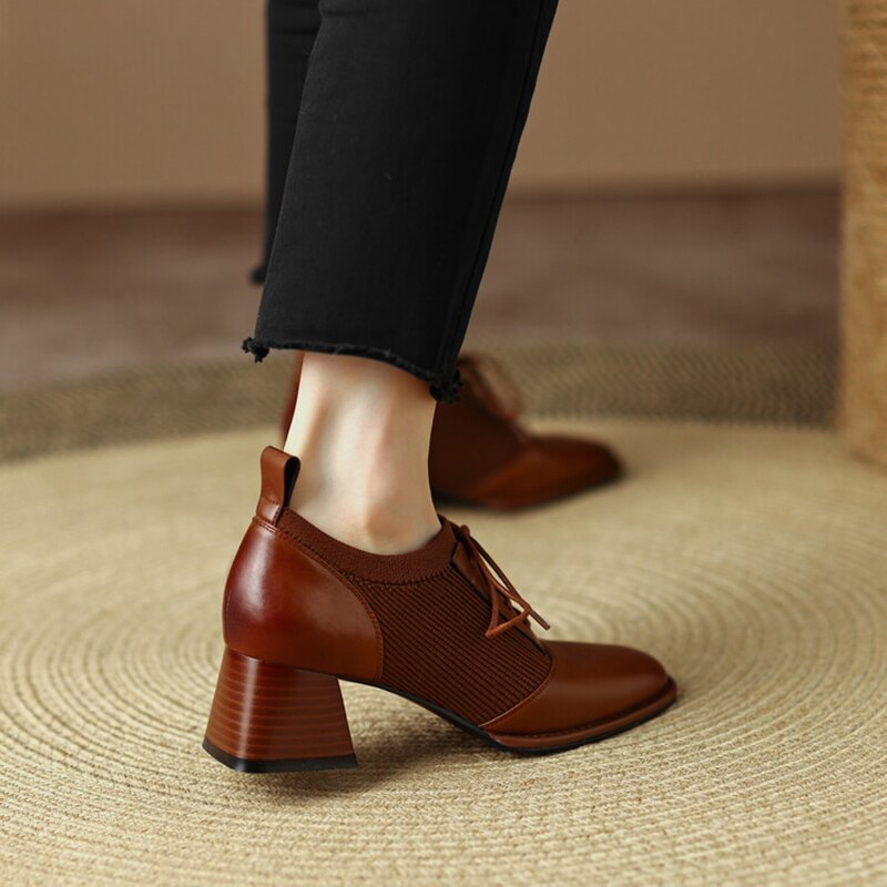 antmvs NEW Spring Women Pumps Round Toe Chunky Heel Shoes for Women Split Leather High Heels Solid Splicing Lace-up Shoes Handmade Shoe