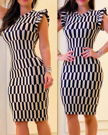 antmvs Elegant Women's Dresses Summer Fashion All Over Print Flutter Sleeve Casual O-Neck Skinny Midi Work Pencil Dress