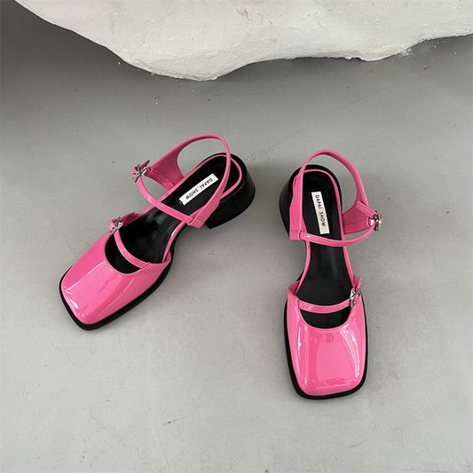 Amozae Vintage Women's Red Sandals Summer Square Toe Shoes Women's Buckle Solid Color Newest Wedding Party High Heels Women's