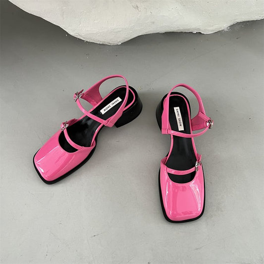 antmvs Vintage Women's Red Sandals Summer Square Toe Shoes Women's Buckle Solid Color Newest Wedding Party High Heels Women's