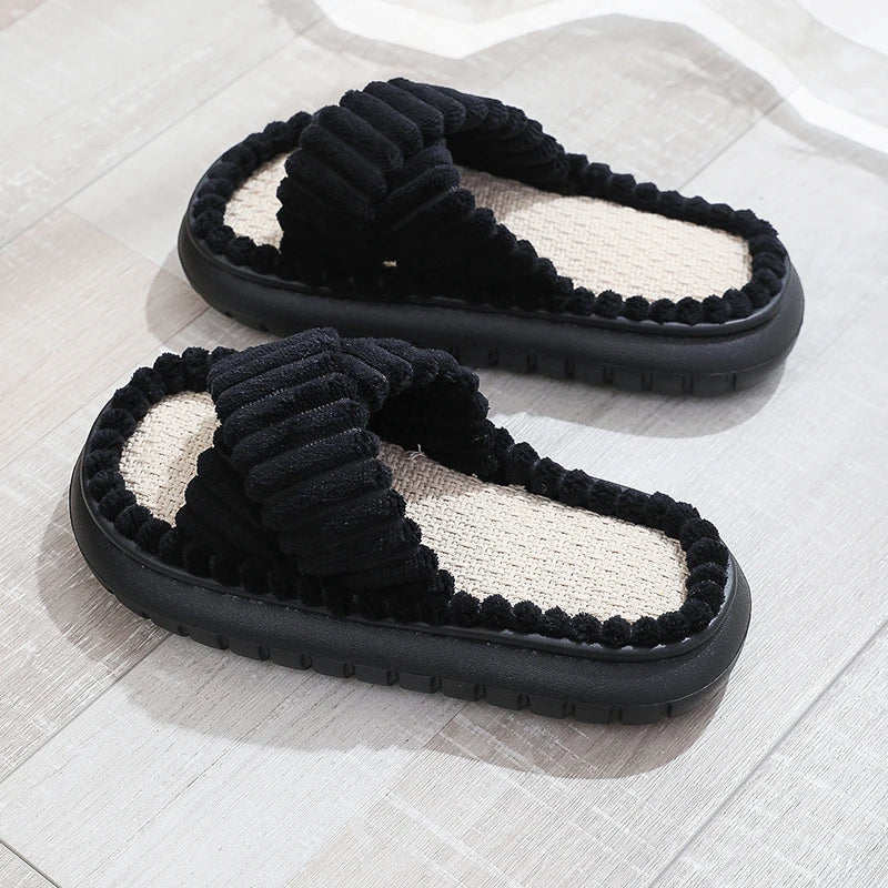 antmvs- rNew Women Home Slippers Open-Toe Cross Band Linen Soled Indoor Slides Linen Soled Non-Slip Bathroom Slippers