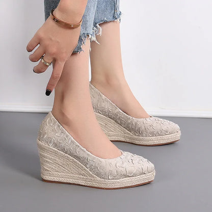 antmvs-New Pointed Shallow Mouth Women Wedge Heel Thick Sole Single Shoes Women Straw Woven Twine rope sole Spring Autumn Shoes