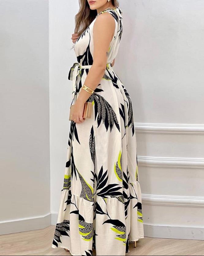 antmvs Dresses for Women  Spring Fashion Leaf Print Sleeveless Casual O-Neck Maxi Daily Vacation Dress with Belt