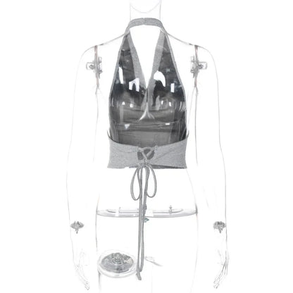 antmvs-Sexy Tank Top Shiny Silver Silk Reflective Halter Crop Tops Women Bandage Backless Camisole Female Sleeveless Cropped Vest