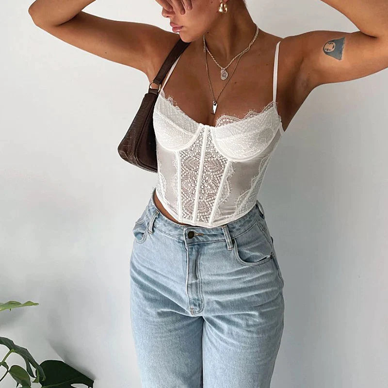 antmvs-Women Sexy Lace Trim Push Up Bustier V-neck Sleeveless See-through Bodycon Vest Summer Slim Fit Corset Tops Clubwear Streetwear