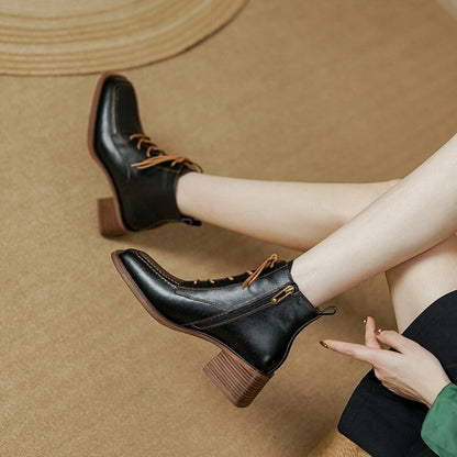 antmvs Autumn Women Boots Square Toe Chunky Heel Boots for Women Genuine leather Shoes Women Lace Black Ankle Boots Winter Shoes Women