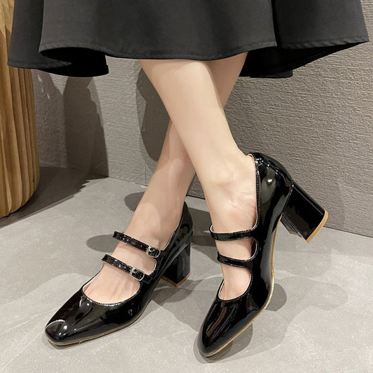Amozae Thick High Heels Mary Jane Shoes for Women Spring 2022 Fashion Double Buckle Strap Pumps Women Black Patent Leather Shoes