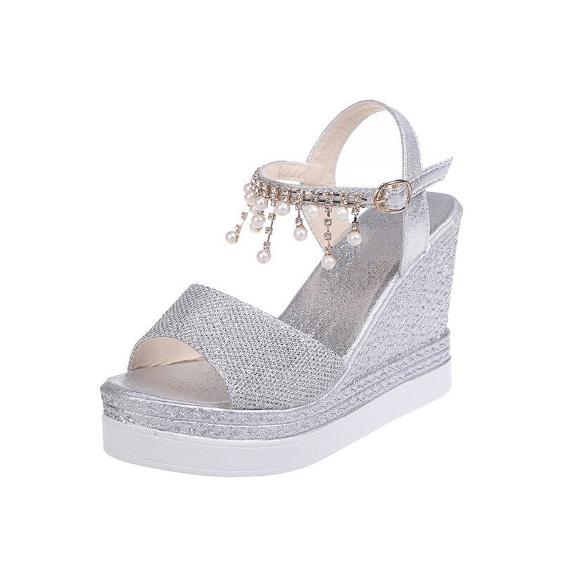 antmvs New Women Wedge Sandals Summer Bead Studded Detail Platform Sandals Buckle Strap Peep Toe Thick Bottom Casual Shoes Ladies