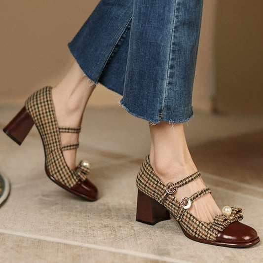 Amozae Spring/Autumn Women's Shoes Round Toe Chunky Heel Pumps Cotton Fabric Lattice High Heels Genuine Leather Retro Mary Janes