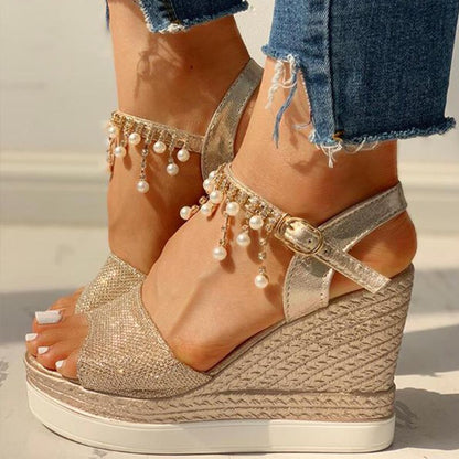 antmvs New Women Wedge Sandals Summer Bead Studded Detail Platform Sandals Buckle Strap Peep Toe Thick Bottom Casual Shoes Ladies