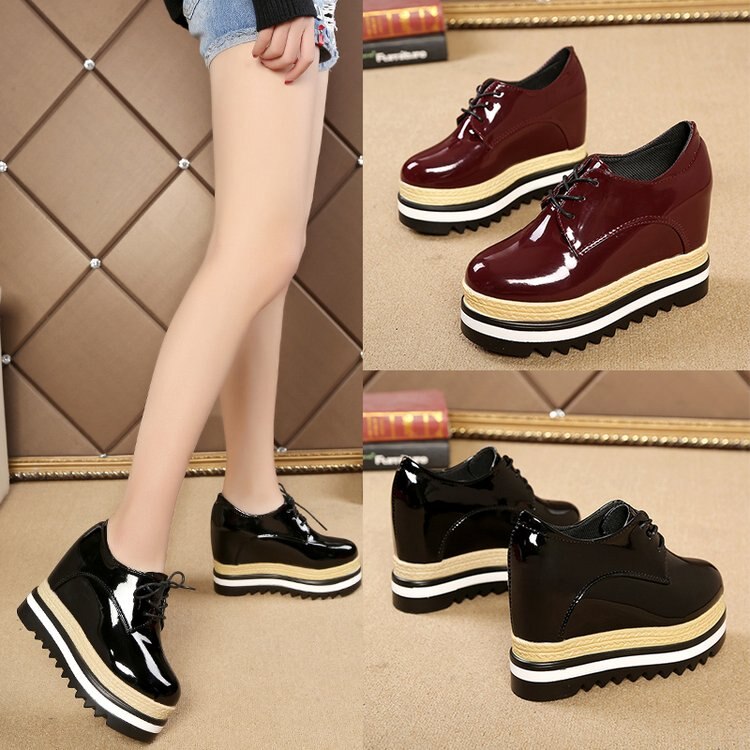 antmvs Brand Spring Casual Solid Women Shoes Patent Leather Lace-Up Loafers Platforms Sneakers British Style Ladies Oxfords W4