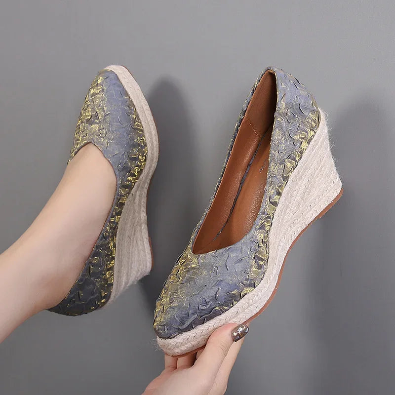 antmvs-New Pointed Shallow Mouth Women Wedge Heel Thick Sole Single Shoes Women Straw Woven Twine rope sole Spring Autumn Shoes