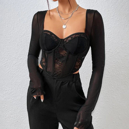 antmvs-Women Y2k Lace Patchwork Corset Crop Tops Sexy V Neck Long Sleeve T-shirt See Through Open Back Bustier Shirt Streetwear