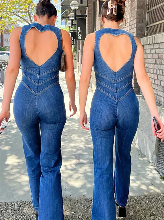 antmvs- Backless Heart Cutout Bodycon Jumpsuit For Women Casual Sleeveless Slim One-Piece Outfits Retro Denim Jumpsuits New