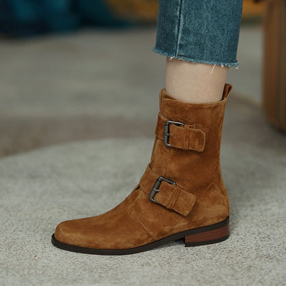 antmvs Autumn and winter Women ankle boots natural leather 22-25CM sheep suede modern boots side zipper double buckle short boots