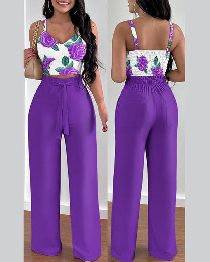 antmvs Two Piece Sets Womens Outifits Summer Fashion Printed Suspenders V Neck Sleeveless Crop Top & Casual Wide-Leg Long Pants Set