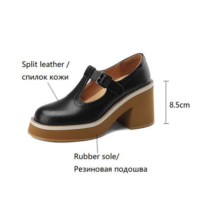 Amozae NEW Spring Women Shoes Round Toe Chunky Heel Mary Janes Split Leather Platform Shoes for Women Fashion Solid High Heels Women