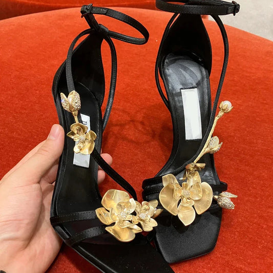 antmvs-Golden Flowers High Heels Women Silk Luxury Designer Sandal Metallic Flower Square Toe Pointed Fine Heel Party Dress Shoes Pumps