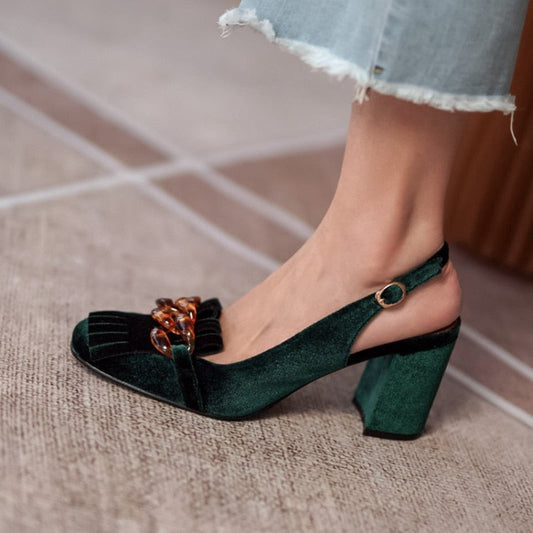 antmvs Summer Women Sandals Flock Chunky Heel High Heels Retro Velvet Slingback Shoes for Women Crystal Tassel Women Pumps Party Shoes