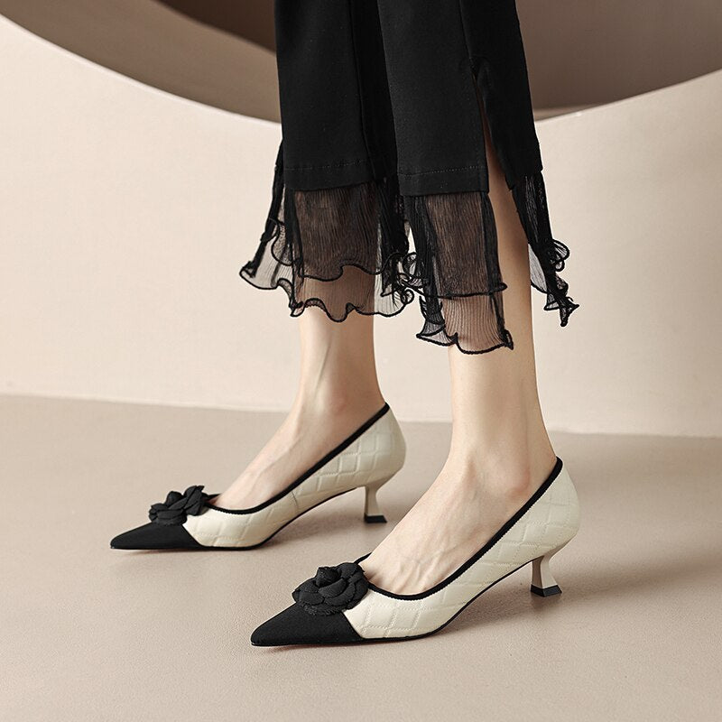 antmvs  new Spring women pumps natural leather 22-24.5cm sheepskin+cowhide+pigskin pointed toe flower high heel shoes fashion