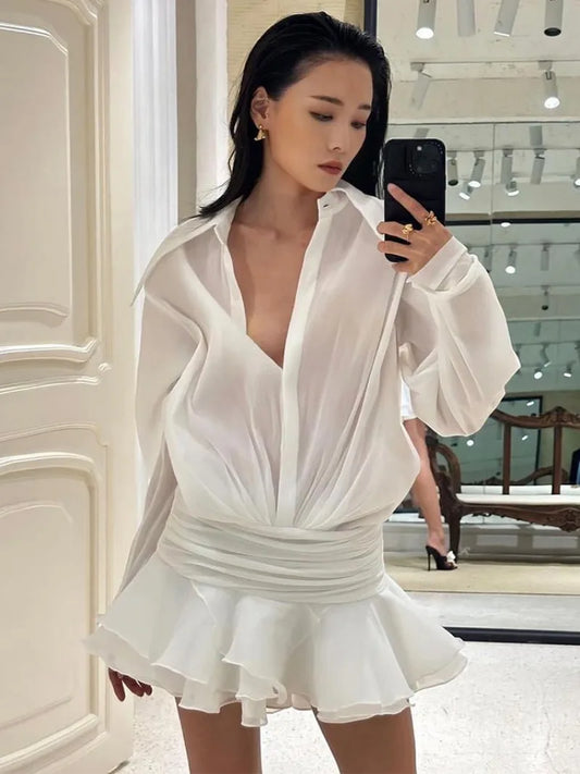 antmvs- White Chiffon Mini Dress For Women Casual Loose Oversized Pleated Mini Dress See-through Summer Beach Elegant Shirt Dress