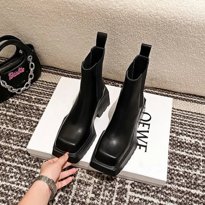 antmvs-Genuine Leather Women Nude Boots New Chunky Heel Chelsea Boots Square Toe High Heeled Short Boots Designer Fashion Women Boots