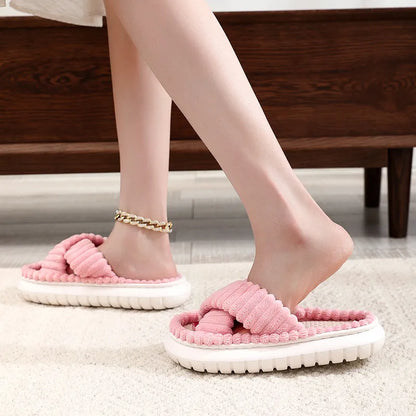 antmvs- rNew Women Home Slippers Open-Toe Cross Band Linen Soled Indoor Slides Linen Soled Non-Slip Bathroom Slippers