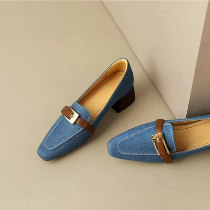 antmvs-Retro Denim Mid-heel Loafers Women Pumps Belt Buckle Square Head Shallow Casual Women Shoes Blue Comfort Chunky Mule Shoes Women