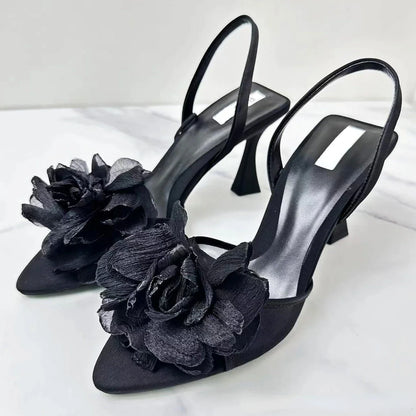 antmvs-Flowers Slingback High Heels Women Pointed Fine Heel Sandals Women Open-toe Black Mesh Floral Party Dress Slippers Women Pumps