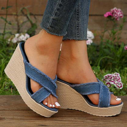 antmvs Cross Strap High Wedge Slippers Women Summer  Blue Denim Chunky Platform Sandals Woman Non Slip Thick Sole Slides Flip Flops