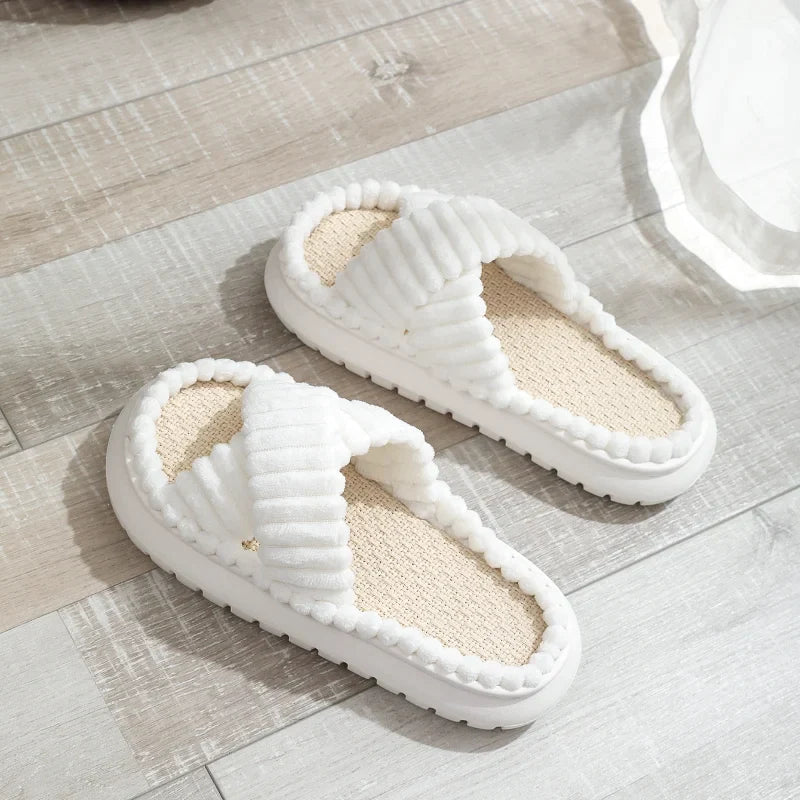 antmvs- rNew Women Home Slippers Open-Toe Cross Band Linen Soled Indoor Slides Linen Soled Non-Slip Bathroom Slippers