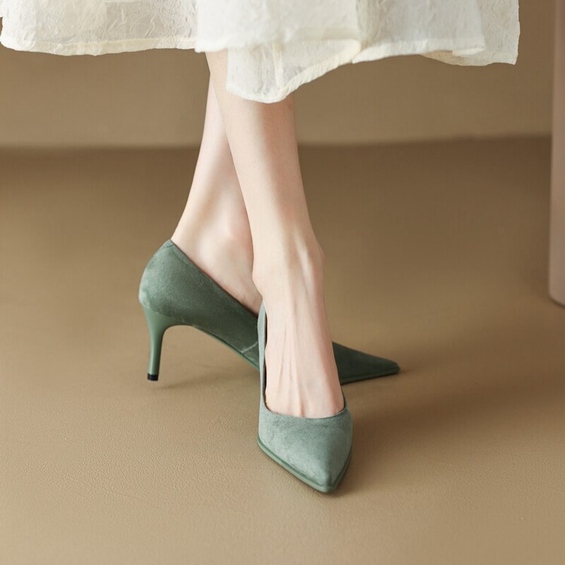 Amozae NEW Spring Women Shoes Pointed Toe Thin Heel Pumps for Women Sheep Suede High Heels Green Women Stiletto Heels zapatos de mujer