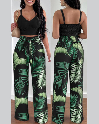 antmvs Two Piece Sets Womens Outifits Summer Fashion Printed Suspenders V Neck Sleeveless Crop Top & Casual Wide-Leg Long Pants Set