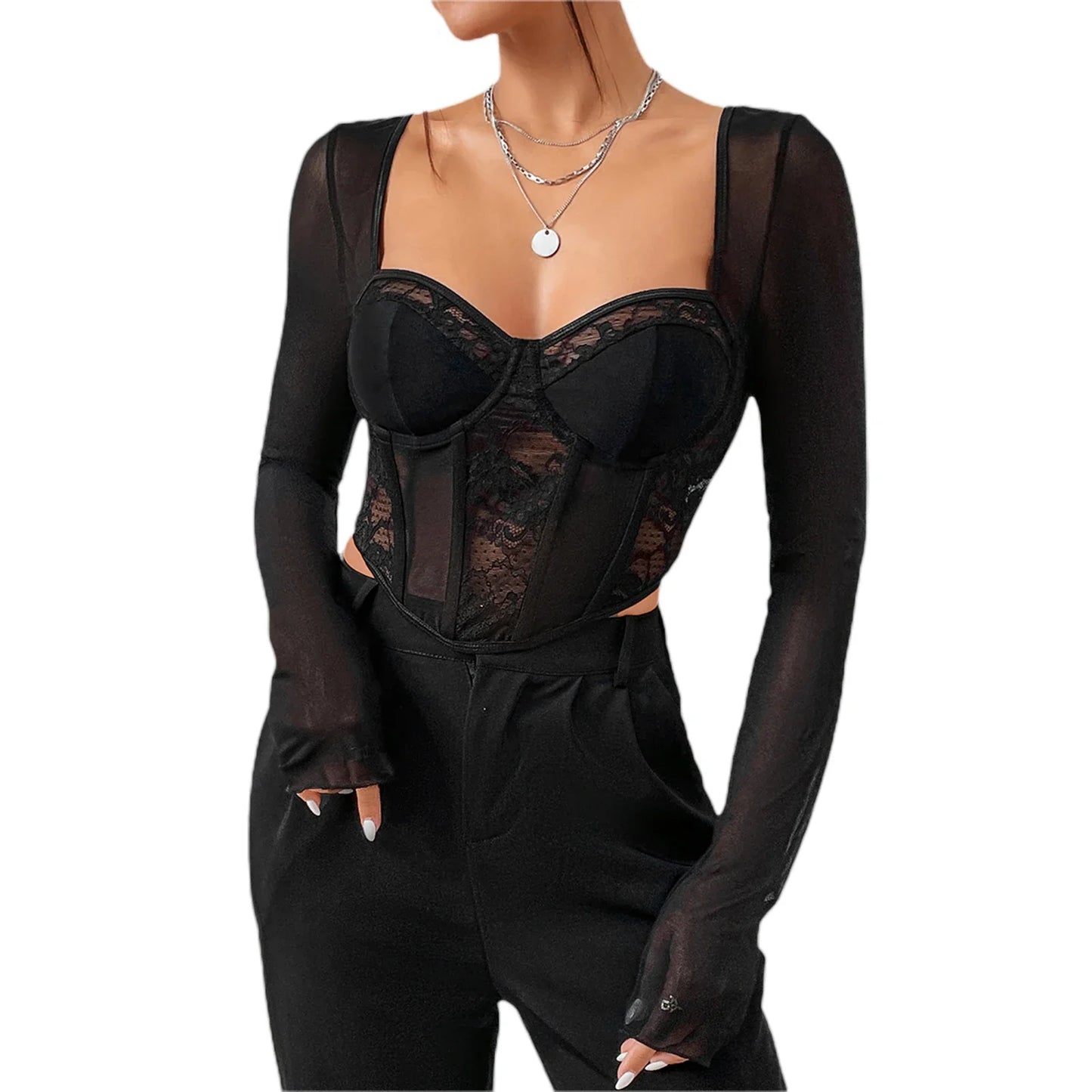 antmvs-Women Y2k Lace Patchwork Corset Crop Tops Sexy V Neck Long Sleeve T-shirt See Through Open Back Bustier Shirt Streetwear