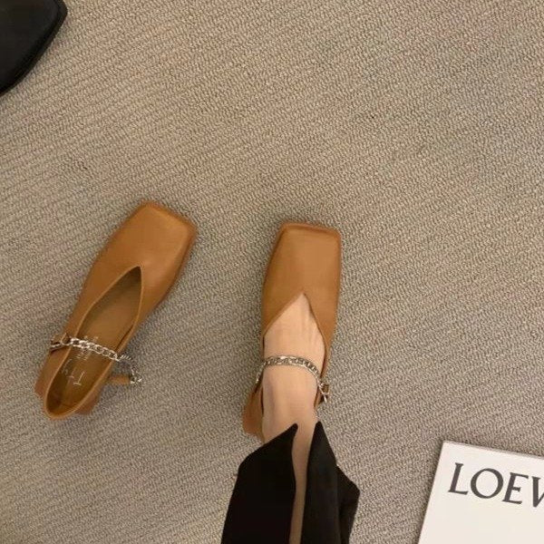 antmvs Deformed Heel Autumn Luxury Chain Square Head Shallow Flat Shoes Women's Lazy Loafer Casual Flat Square Heels Lolita Shoes