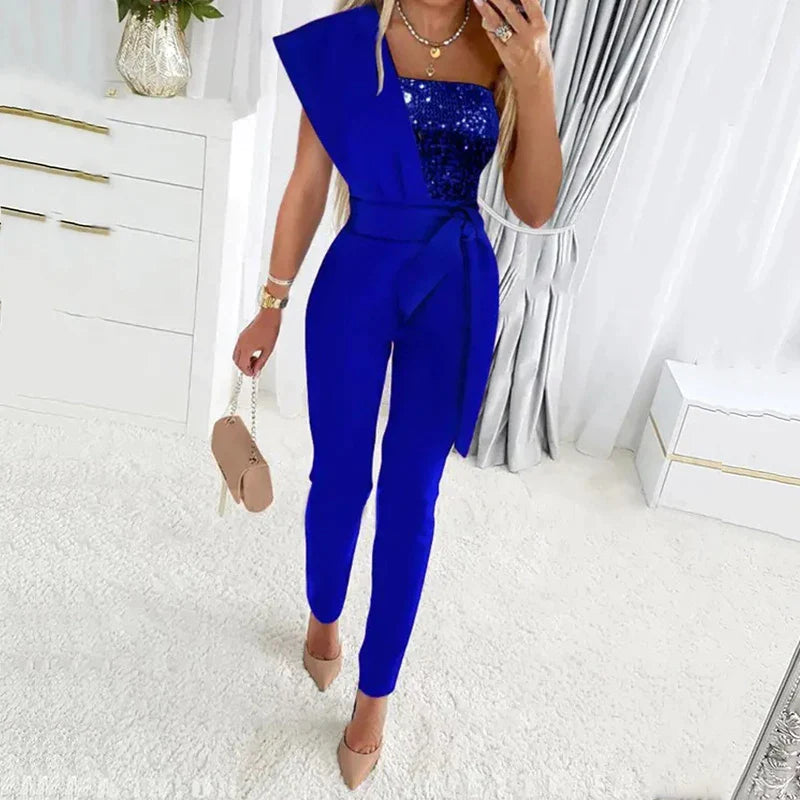 Women Sequin Sharkly Shiny Party Jumpsuit Spring Eleagnt One Shoulder Draped Office Playsuit Summer Hollow Out Straight Overalls