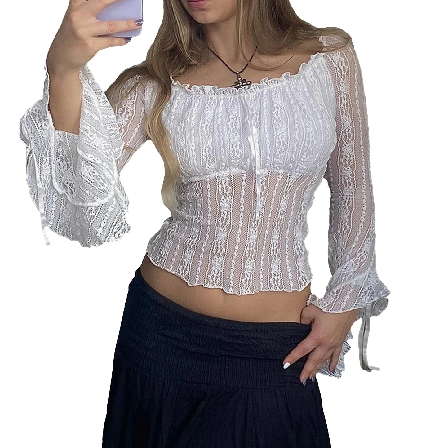 antmvs-Y2k Lace Frill See-through Crop Tops for Women Summer Off Shoulder Long Sleeve Slim Ruched Tee Shirts Blouse Clubwear Streetwear