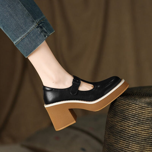 Amozae NEW Spring Women Shoes Round Toe Chunky Heel Mary Janes Split Leather Platform Shoes for Women Fashion Solid High Heels Women
