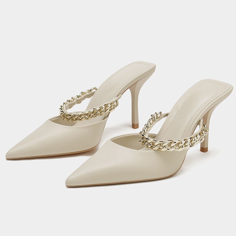 Amozae  Pointed Ladies Mary Jane Design Elegant Mules Slingback Women's Sandals Summer Chain Pumps High Heels Female Stiletto