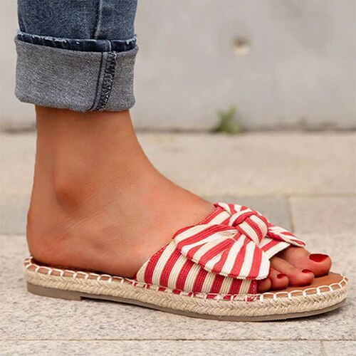 Back to school antmvs  Women's Bow Slippers  Summer Ladies Sandals Flat Woman Stripe Open Toe Slides Female Beach Shoes Women Slip On Footwear