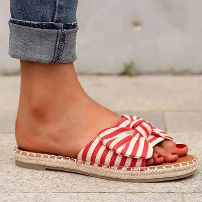 Back to school antmvs  Women's Bow Slippers  Summer Ladies Sandals Flat Woman Stripe Open Toe Slides Female Beach Shoes Women Slip On Footwear