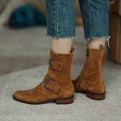 antmvs Autumn and winter Women ankle boots natural leather 22-25CM sheep suede modern boots side zipper double buckle short boots